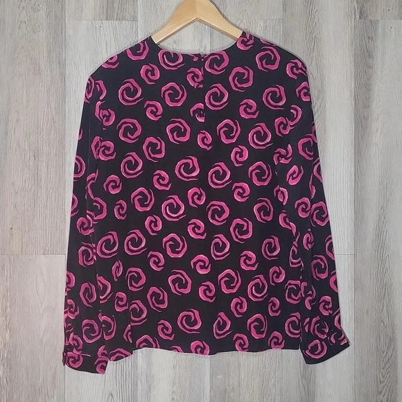 🛍Albert Nipon Vintage Black Pink Silk Floral Long Sleeve‎ Blouse Womens 12 - Picture 2 of 5